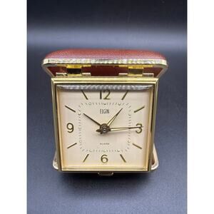 Vintage MCM Elgin Travel Alarm Clock Folding Leather Case Gold Tone WindUp Works
